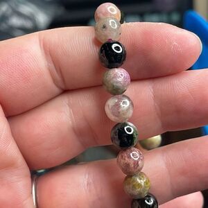 Pink Green Black Tourmaline beaded stretch bracelet ONE NEW reiki meditation cry